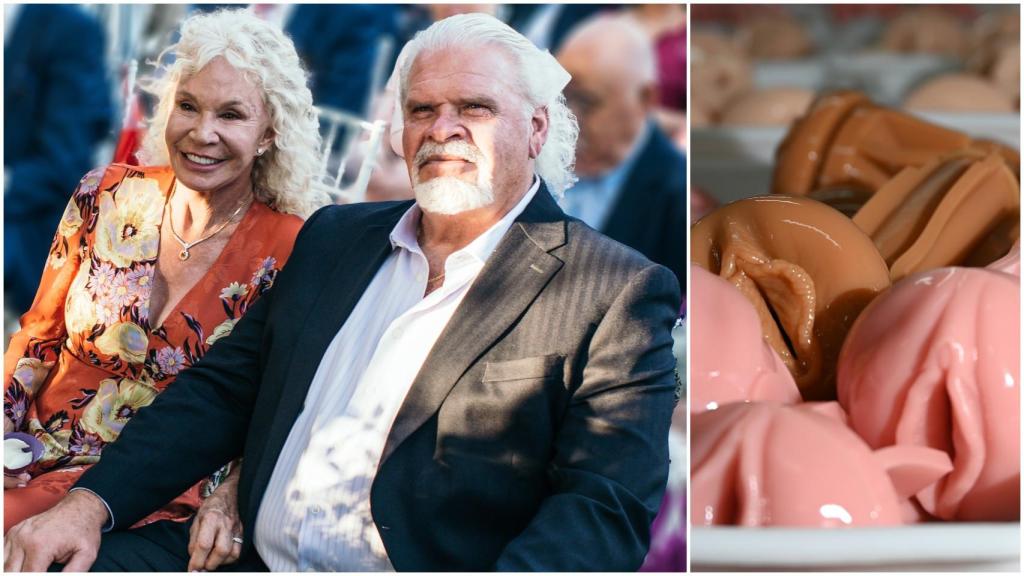 Steve y Kathleen Shubin, y a la derecha los masturbadores que le han hecho rico.