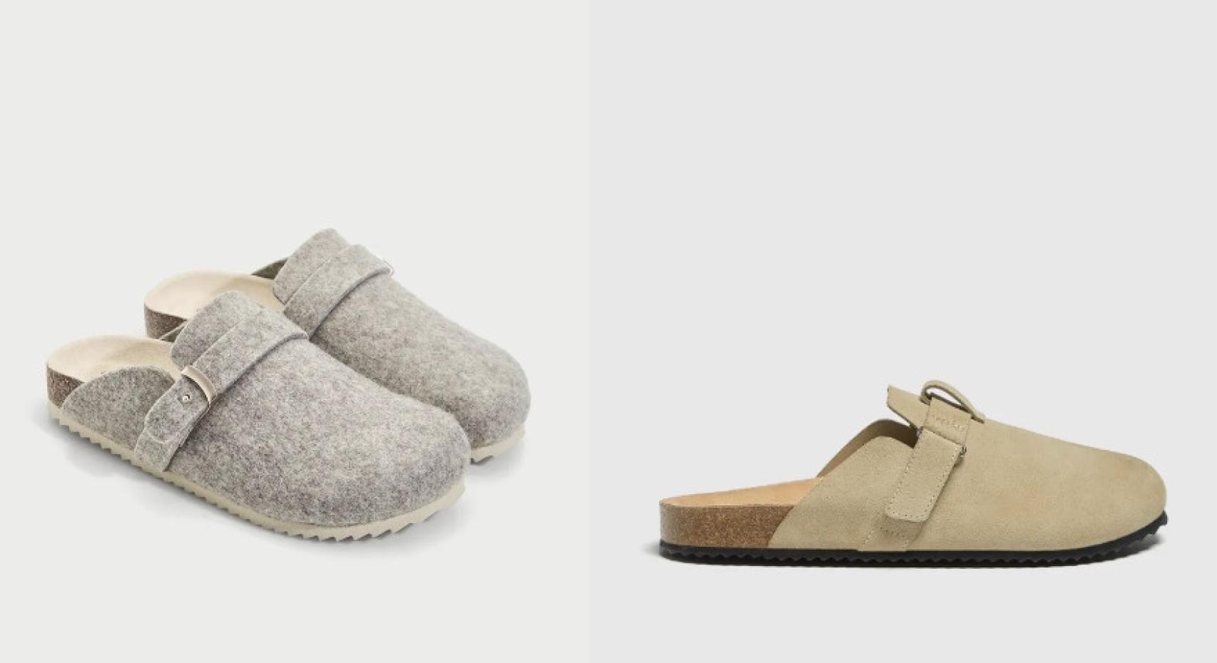 A la izquierda, zuecos para estar por casa de Oysho. A la derecha, propuesta de zuecos de Pull & Bear.