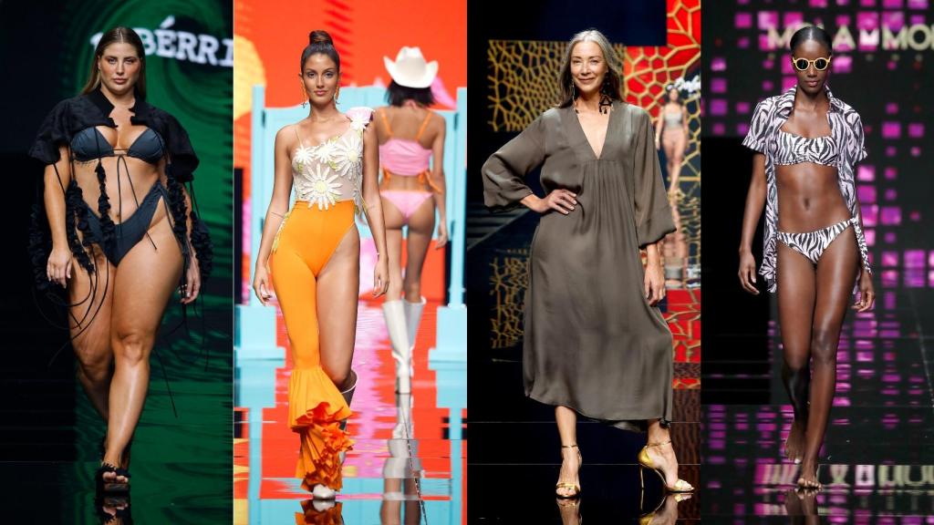 Por orden, imágenes de los desfiles de Libérrimo, Como la trucha al trucho, Dolores Cortés y Mola Mola