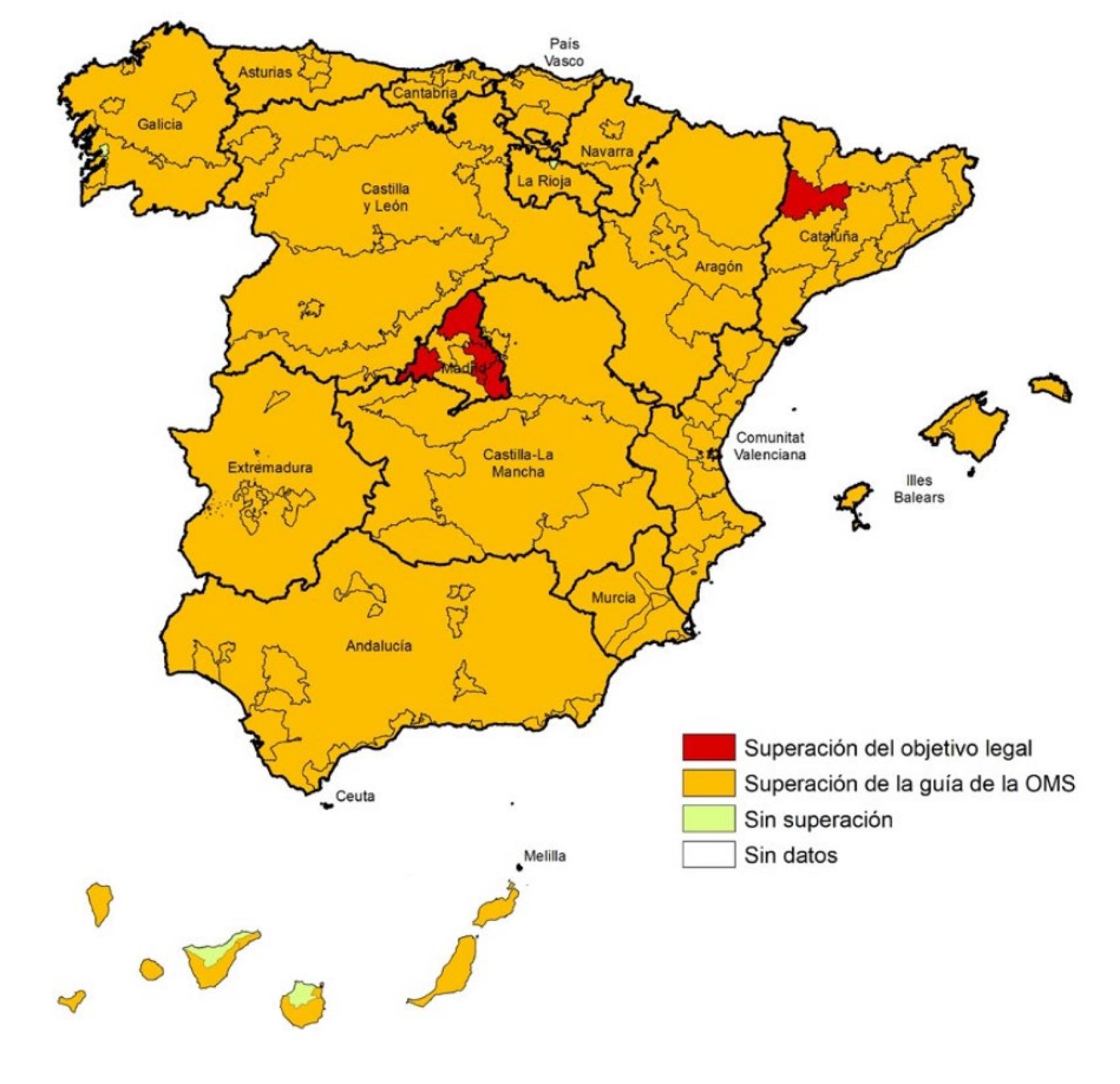 Superación de los límites legales (en rojo) y de los límites de la OMS (en naranja).