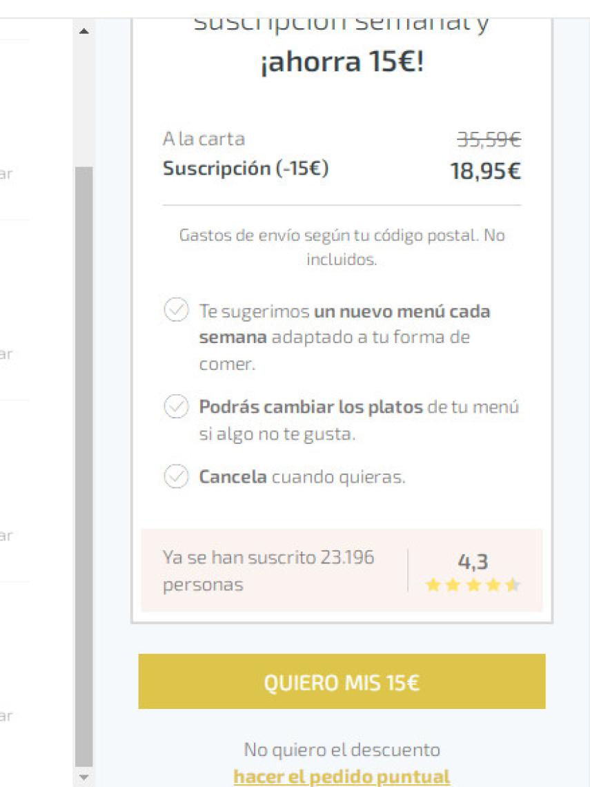 El momento en el que Wetaca ofrece su oferta de suscripción de manera más llamativa que hacer el pedido sin ella.