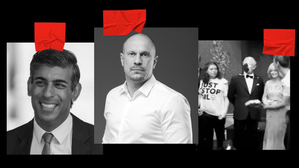 Rishi Sunak, Ilya Kiva y activistas ecologistas.