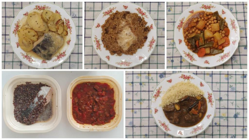 De arriba a abajo y de izquierda a derecha, la merluza, el risotto, la olla murciana, el salmón con pisto y la ternera.