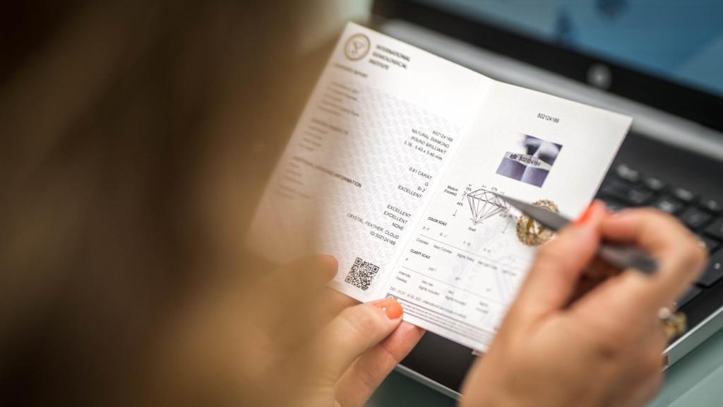 La gemóloga mostrando el certificado de valoración de los diamantes.
