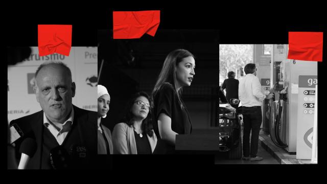 Javier Tebas, Alexandria Ocasio-Cortez y un hombre en una gasolinera.