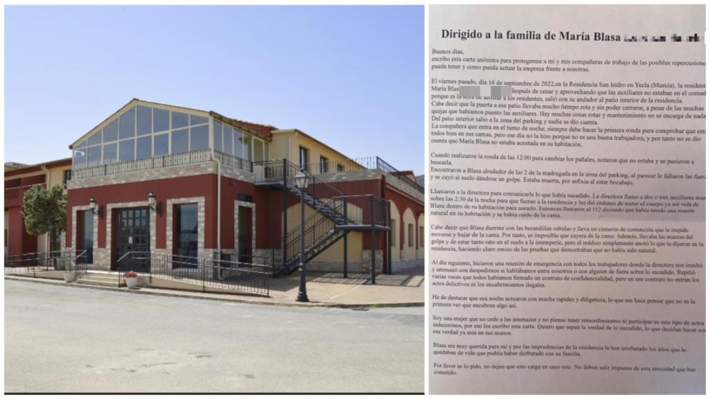 La carta anónima de una auxiliar de la Residencia San Isidro de Yecla que denuncia el encubrimiento de una paciente.