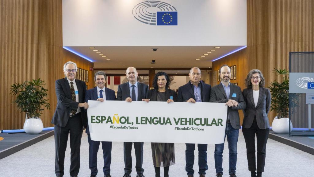 La eurodiputada Maite Pagazaurtundua, junto a los líderes de las asociaciones por el plurilingüismo, en Bruselas.