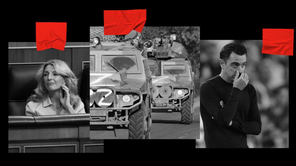 Yolanda Díaz, vehículos militares rusos y Xavi Hernández.