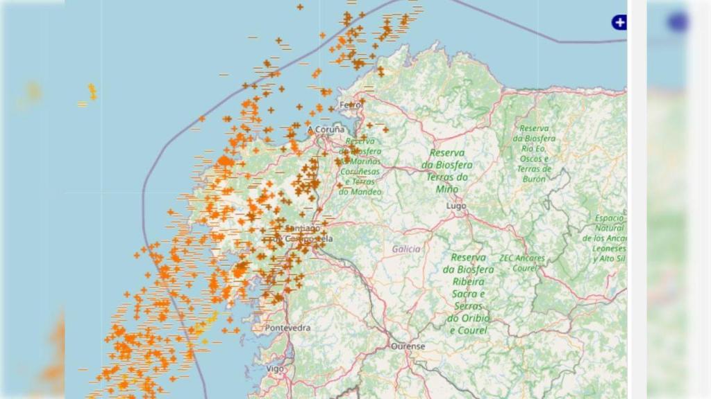 Mapa de rayos en Galicia.