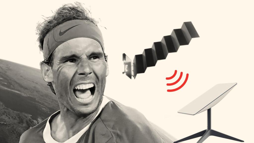 Montaje con Rafa Nadal y el sistema de antenas y satélites de Starlink