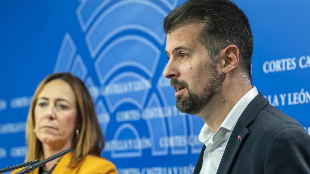 El secretario general del PSOE de Castilla y León, Luis Tudanca, durante la rueda de prensa de este viernes en las Cortes.