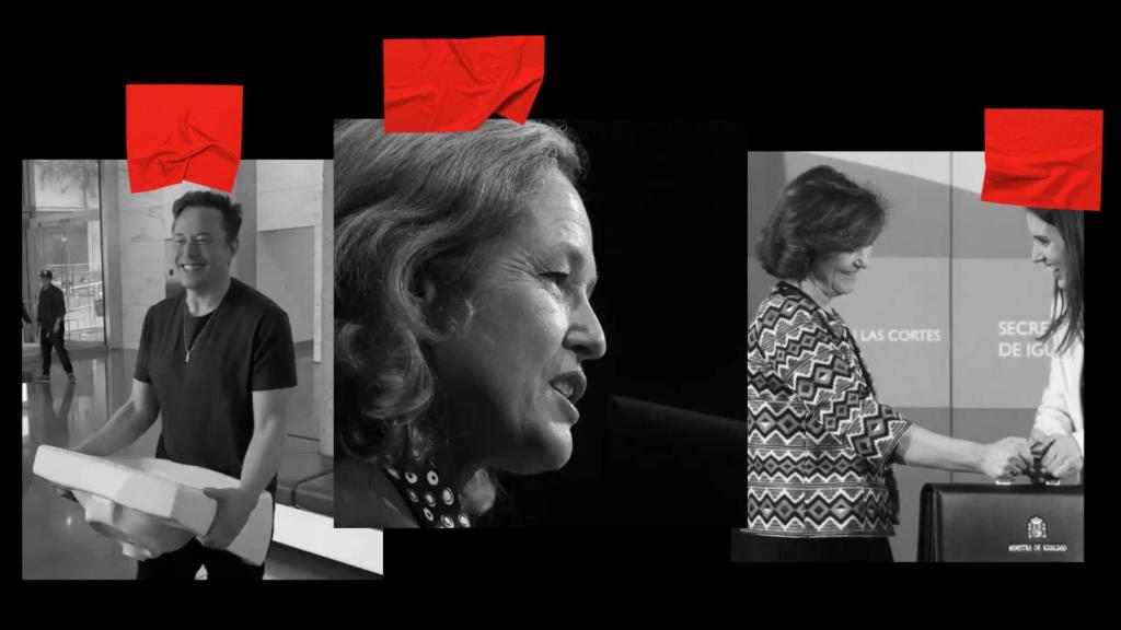 Elon Musk, Nadia Calviño y Carmen Calvo con Irene Montero.