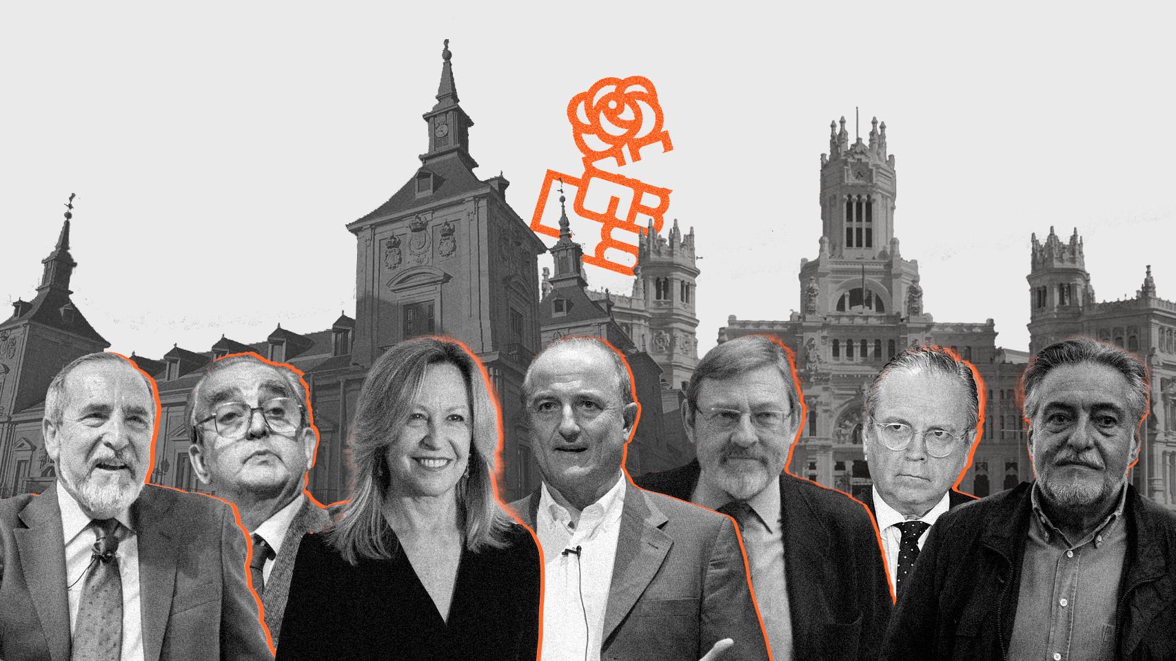 De izquierda a derecha, Juan Barranco, último alcalde socialista de Madrid, y los que le siguieron en los siguientes comicios: Fernando Morán (1999), Trinidad Jiménez (2003), Miguel Sebastián (2007), Jaime Lissavetzky (2011), Antonio Miguel Carmona (2015) y el exentrenador de baloncesto Pepu Hernández (2019).