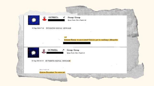 Intercambio de mensajes entre Torra y Porrata a través de la aplicación cifrada Signal.