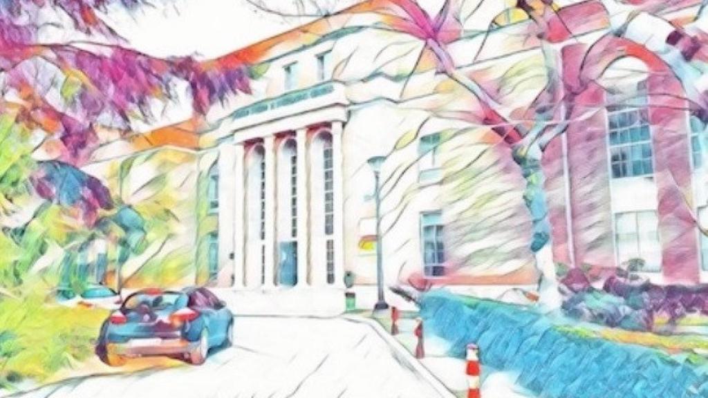 Dibujo de la entrada del Instituto de Química Física Rocasolano (CSIC), ‘edificio rockefeller’. Dibujo: Rebeca de Nalda