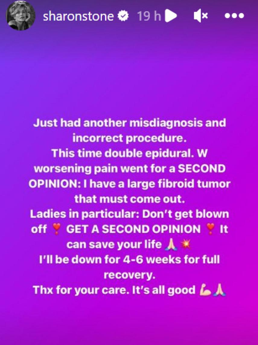 Sharon Stone anuncia en las redes que tiene un tumor fibroide.