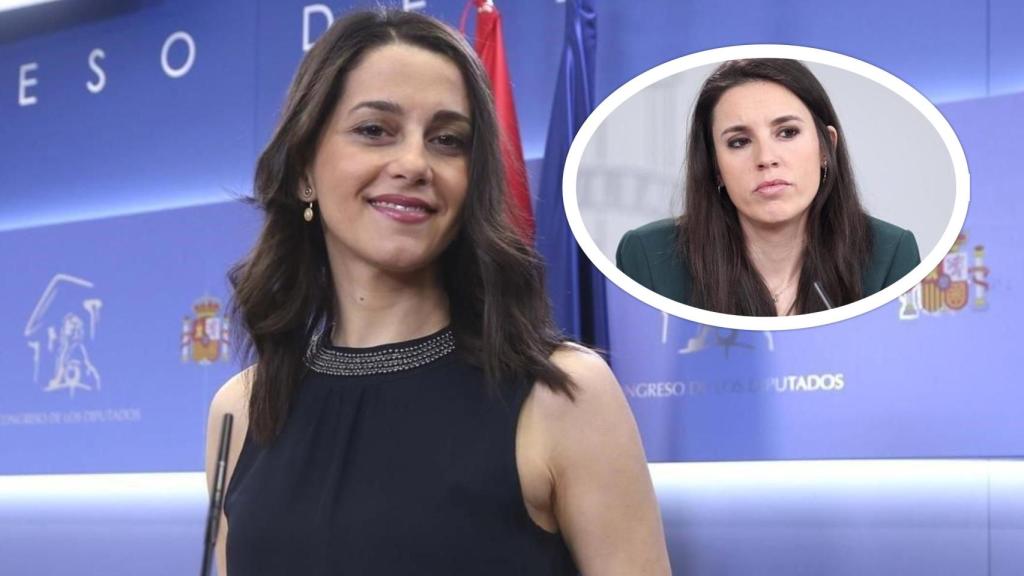 Inés Arrimadas junto a una imagen de Irene Montero