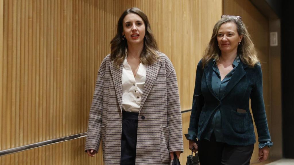 La ministra de Igualdad, Irene Montero (i), y la delegada del Gobierno contra la Violencia de Género, Victoria Rosell (d), este miércoles a la entrada de la Comisión de Igualdad.