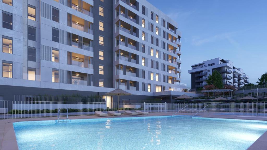 Piscina proyectada en la promoción de AEDAS Homes.