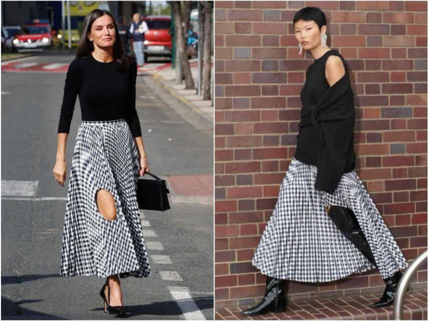 La reina Letizia con falda de H&M y la modelo con la misma falda, aunque con la pierna por dentro del agujero  frontal.
