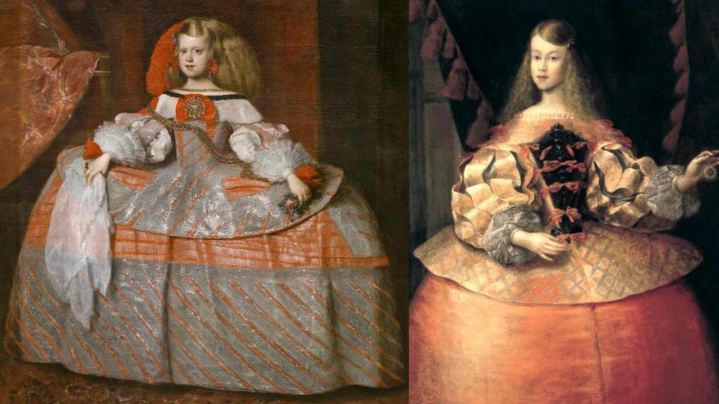 La infanta doña Margarita de Austria, retrato  realizado por Juan Bautista Martínez del Mazo (c. 1665), que está en el Museo del Prado.  A la dcha. otro retrato suyo, atribuido a Francisco Ignacio Ruiz de la Iglesia, hacia 1665 (Fundación Yannick i Ben Jakober)