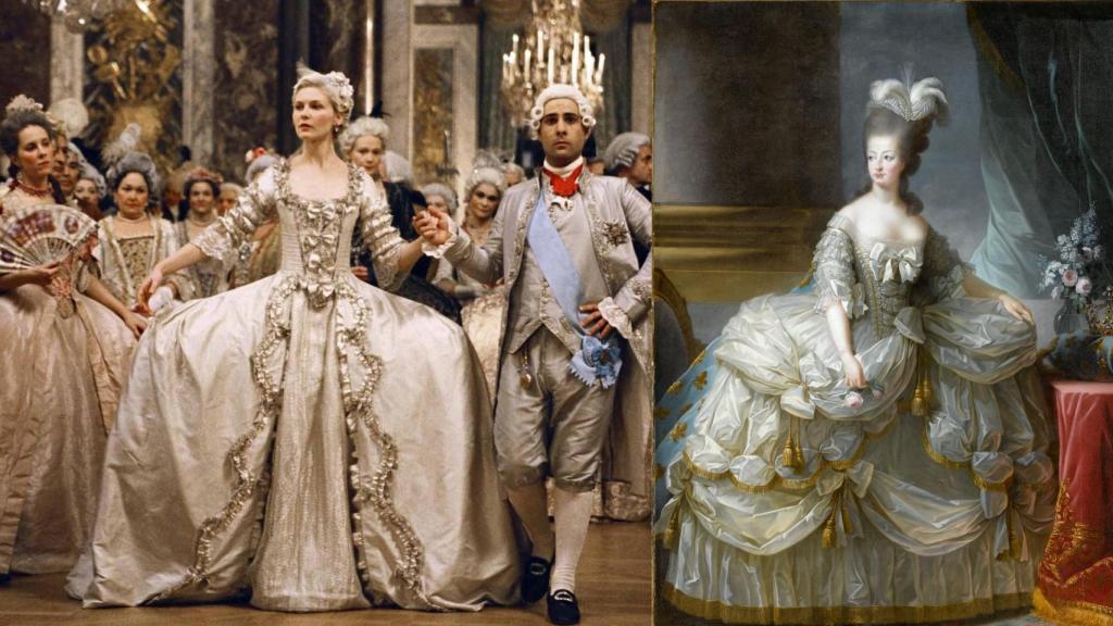 A la izda. fotograma de la película María Antonieta de Sofia Coppola. Y a la derecha, retrato de la soberana realizado por Marie-Louise-Élisabeth Vigée-Lebrun en 1778.
