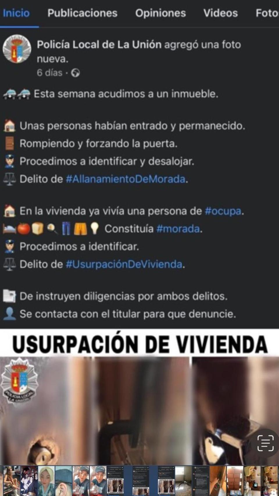 La Policía Local de La Unión publicó este post informando de que habían devuelto la casa a una okupa.