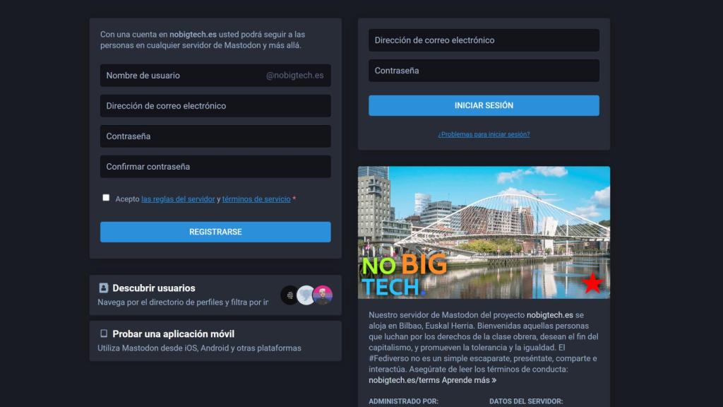 Formulario de ingreso en uno de los servidores de Mastodon