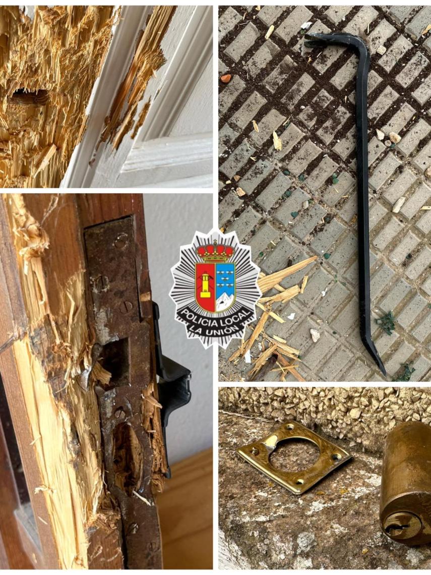 Estado en el que quedó la puerta de la casa de la abuela de Pedro tras forzarla con una pata de cabra.