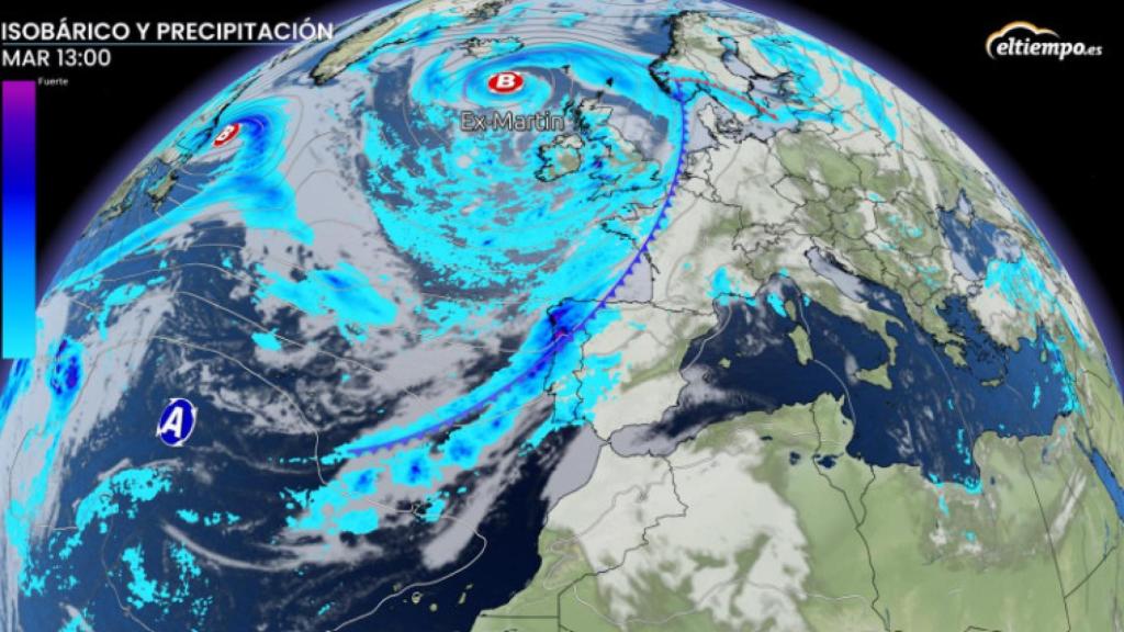 La situación de la borrasca ex-Martin en la jornada del martes. Eltiempo.es