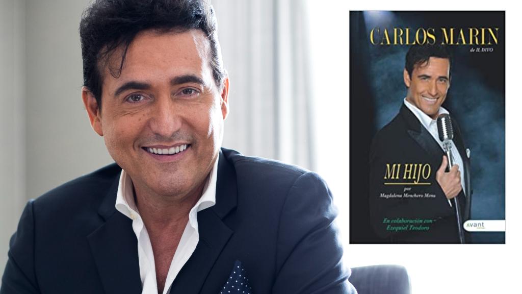 El barítono Carlos Marín junto a la portada del libro 'Carlos Marín, Il Divo: Mi hijo', en un montaje de EL ESPAÑOL.