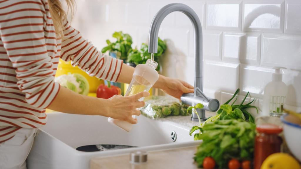 Una mujer llenando una botella de plástico con agua del grifo.