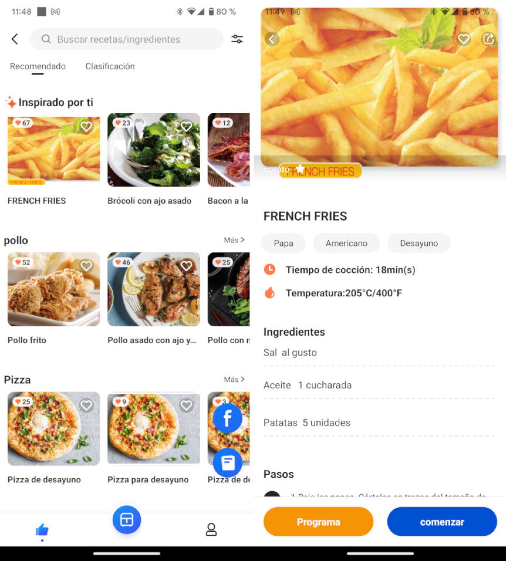 La app de Proscenic incluye recetas con programas asociados