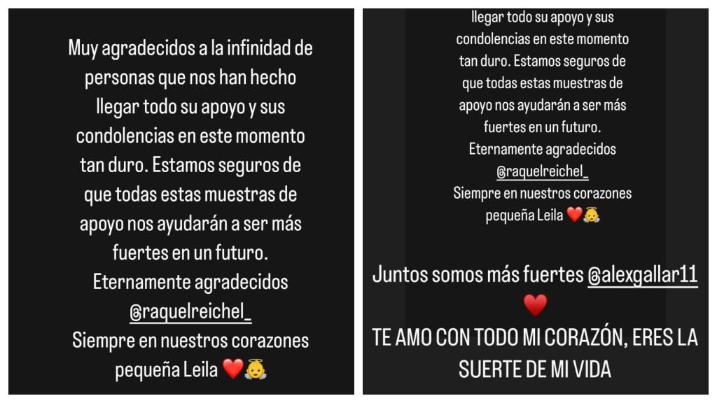Mensajes publicados por Álex Gallar y Raquel Alcaraz en sus redes sociales.