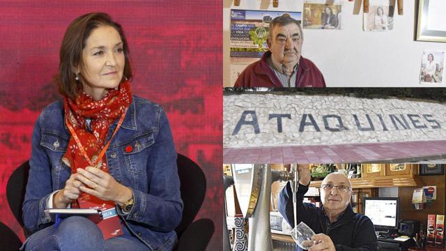 Reyes Maroto, a la izquierda. Su padre, arriba a la derecha, el pueblo de Ataquines en el centro y Javier, dueño del Bar El Viaje, abajo
