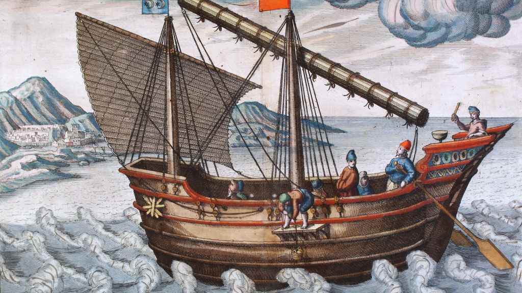 Un 'jong' (velero antiguo) que solía surcar las Indias Orientales y el mar de China en el silgo XVI. Grabado de Johanes Van Doetecum.