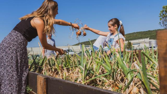 Empleados de la factoría de L'Oréal en la huerta comunitaria.