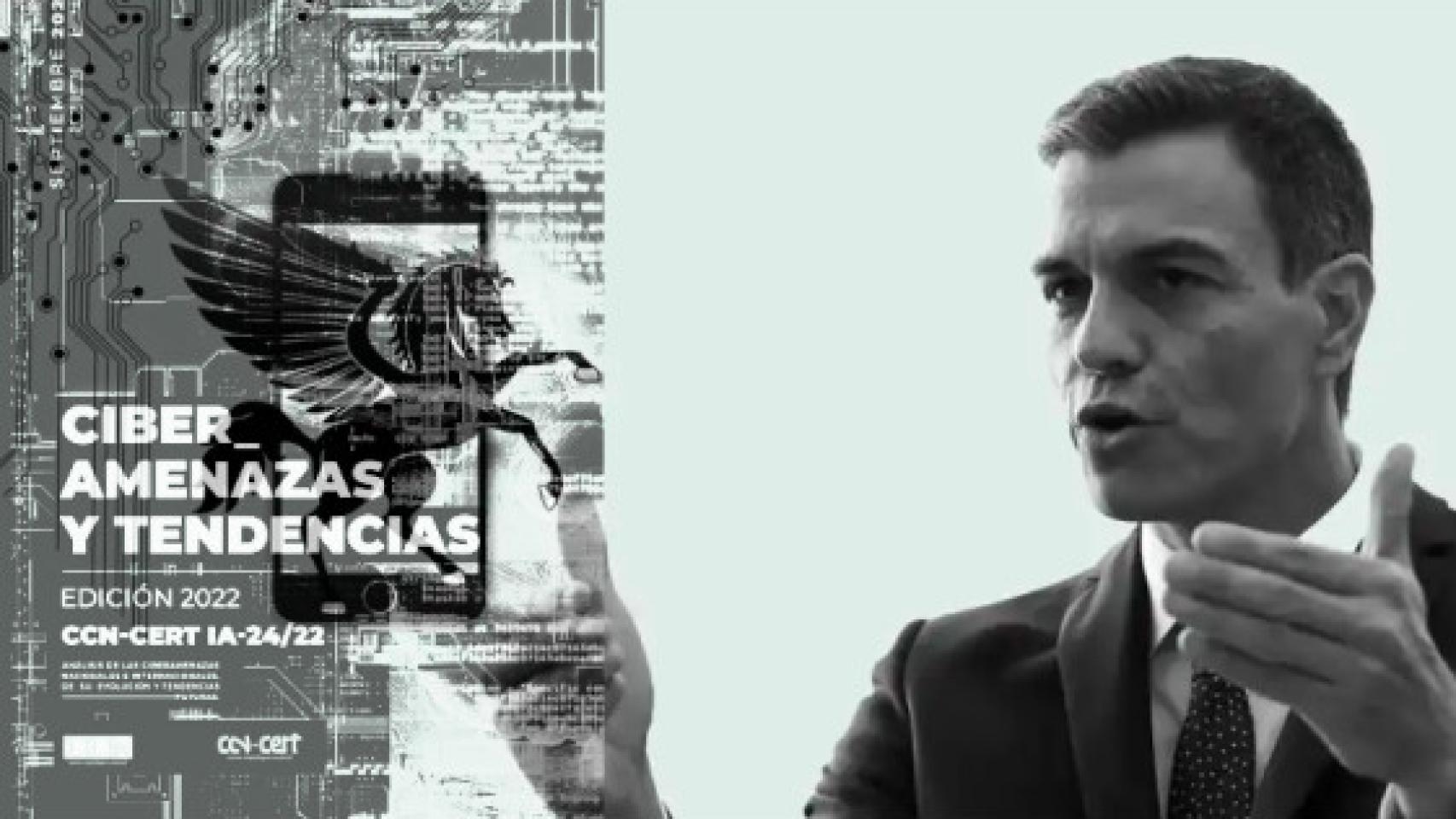 Pedro Sánchez en un fotomontaje con la portada del informe, un smartphone y Pegasus.