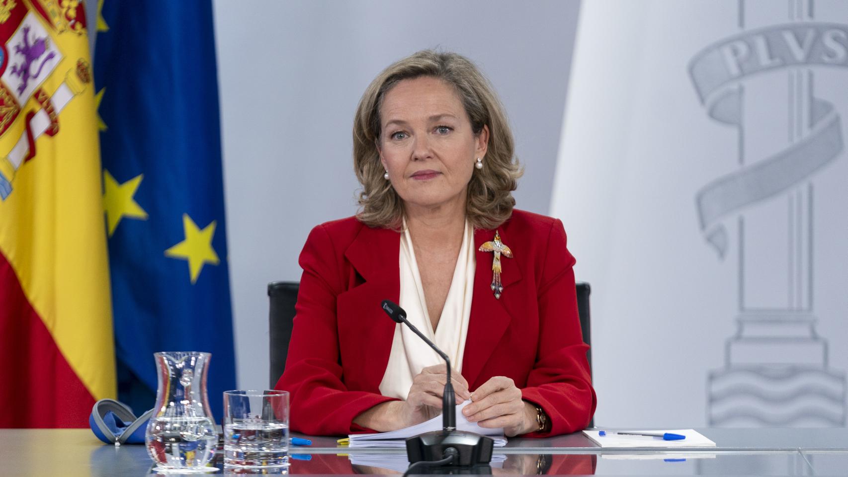 La vicepresidenta primera y ministra de Asuntos Económicos y Transformación Digital, Nadia Calviño, en una rueda de prensa posterior al Consejo de Ministros.