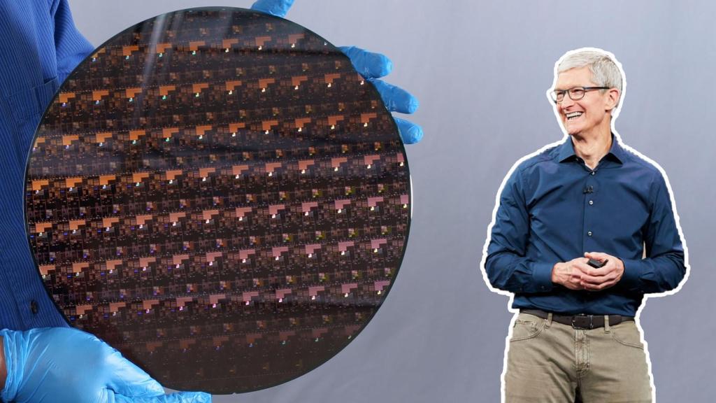 Fotomontaje con una oblea de procesadores y Tim Cook.