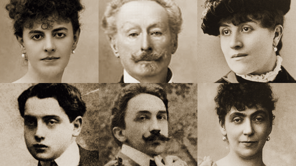 De izquierda a derecha y de arriba abajo, Duquesa de Guermantes, Charles Swann, Odette de Crecy, Albertine, Barón de Charlus y Madame Verdurin