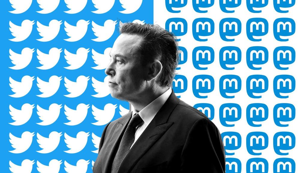 Fotomontaje con la cara de Musk y los logos de Twitter y Mastodon.