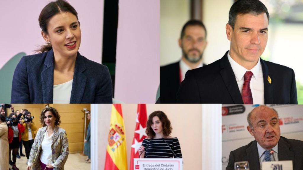 Irene Montero, Pedro Sánchez, María Jesús Montero, Luis de Guindos e Isabel Díaz Ayuso.