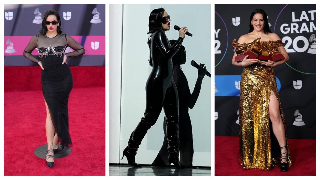 Rosalía con los tres estilismos que llevó en los Grammy Latinos.