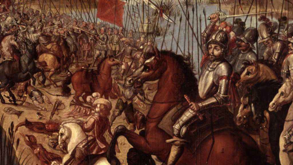 Un lienzo que recrea la conquista de México por Hernán Cortés.