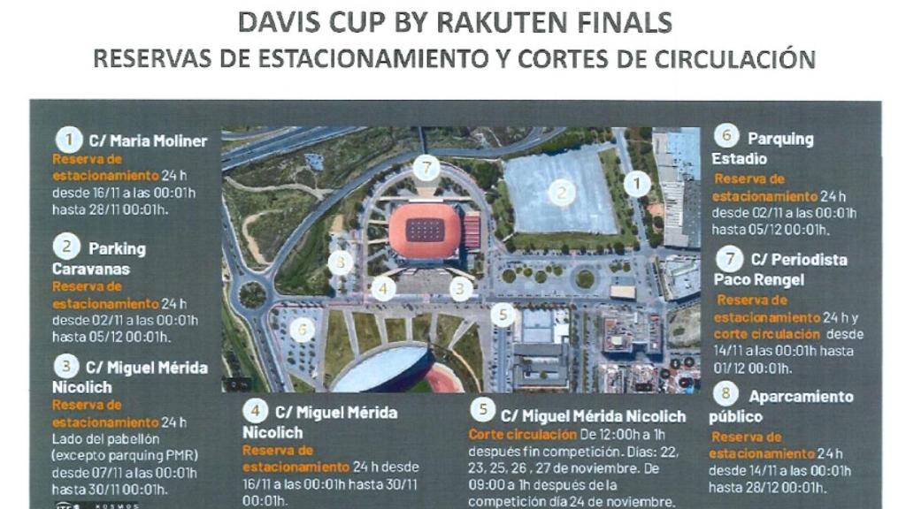 Plano e información sobre los cortes de circulación y reservas de estacionamiento.