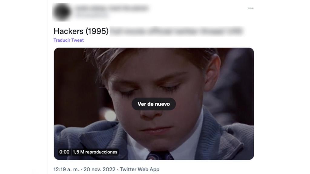Captura del tuit en el que la película subida de 'Hackers'