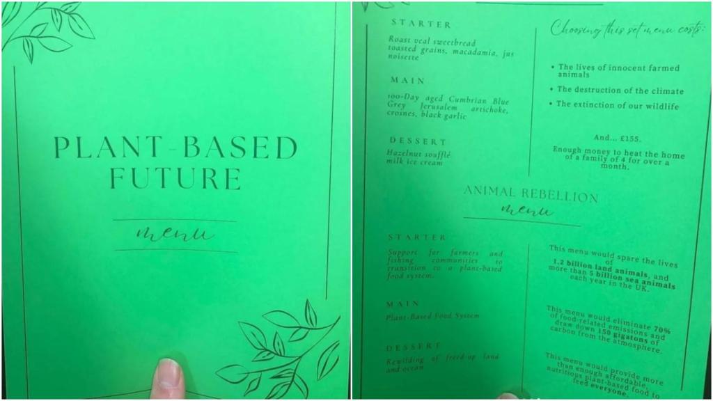 La carta que los miembros de Animal Rebellion mostraron durante su acción en el restaurante de Gordon Ramsay.