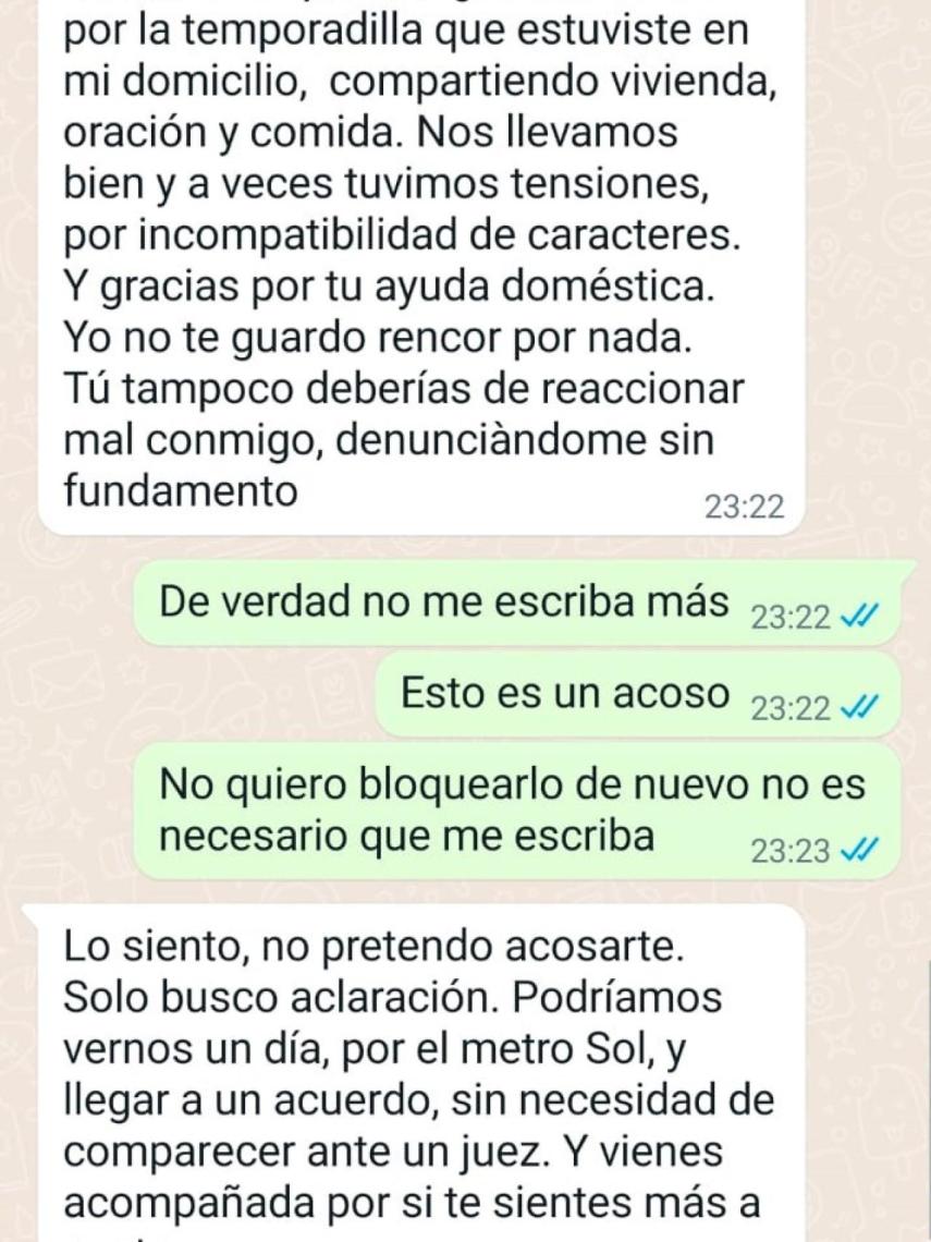 Capturas de los mensajes donde Ainhoa le pide al cura que deje de escribirle porque se siente acosada tras haberle denunciado por supuestos abusos sexuales.