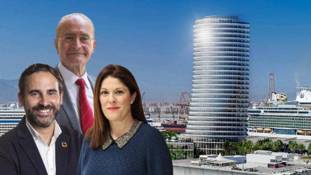 Montaje de las fotografías de Francisco de la Torre, Daniel Pérez y Noelia Losada, con la infografía de la torre del puerto de Málaga, al fondo.